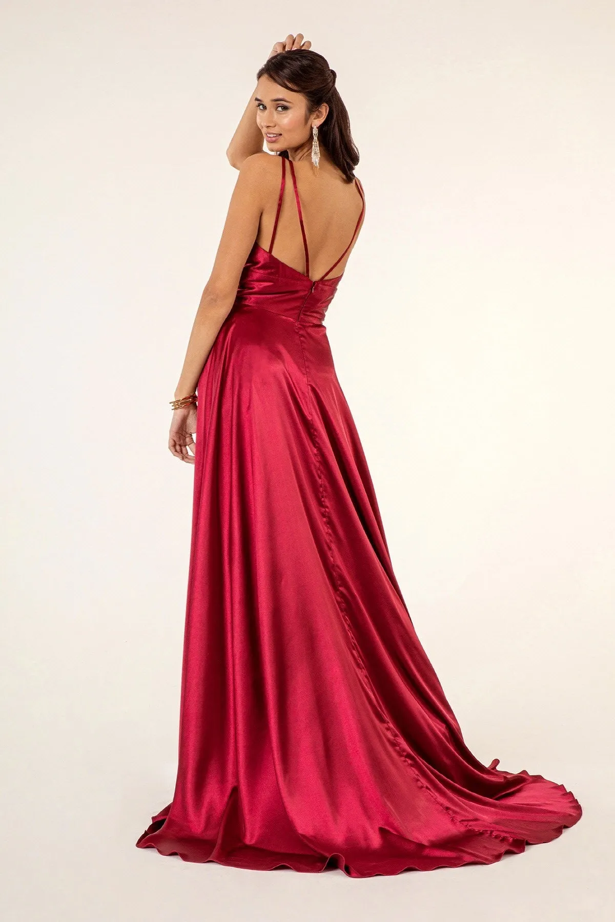 GL 2963 - Stretch Satin A-Line Prom Gown with Ruched V-Neck Bodice & Strappy Back