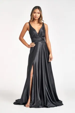 GL 2963 - Stretch Satin A-Line Prom Gown with Ruched V-Neck Bodice & Strappy Back