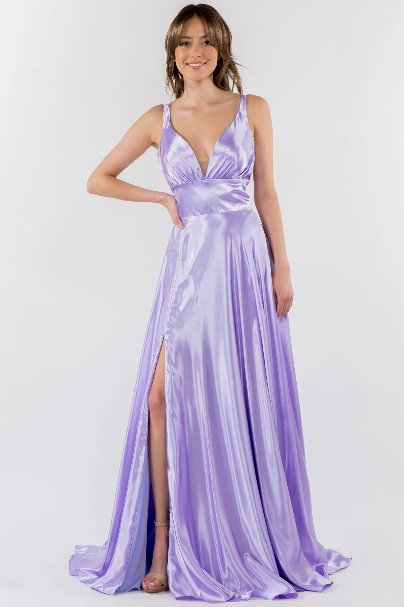 GL 2963 - Stretch Satin A-Line Prom Gown with Ruched V-Neck Bodice & Strappy Back