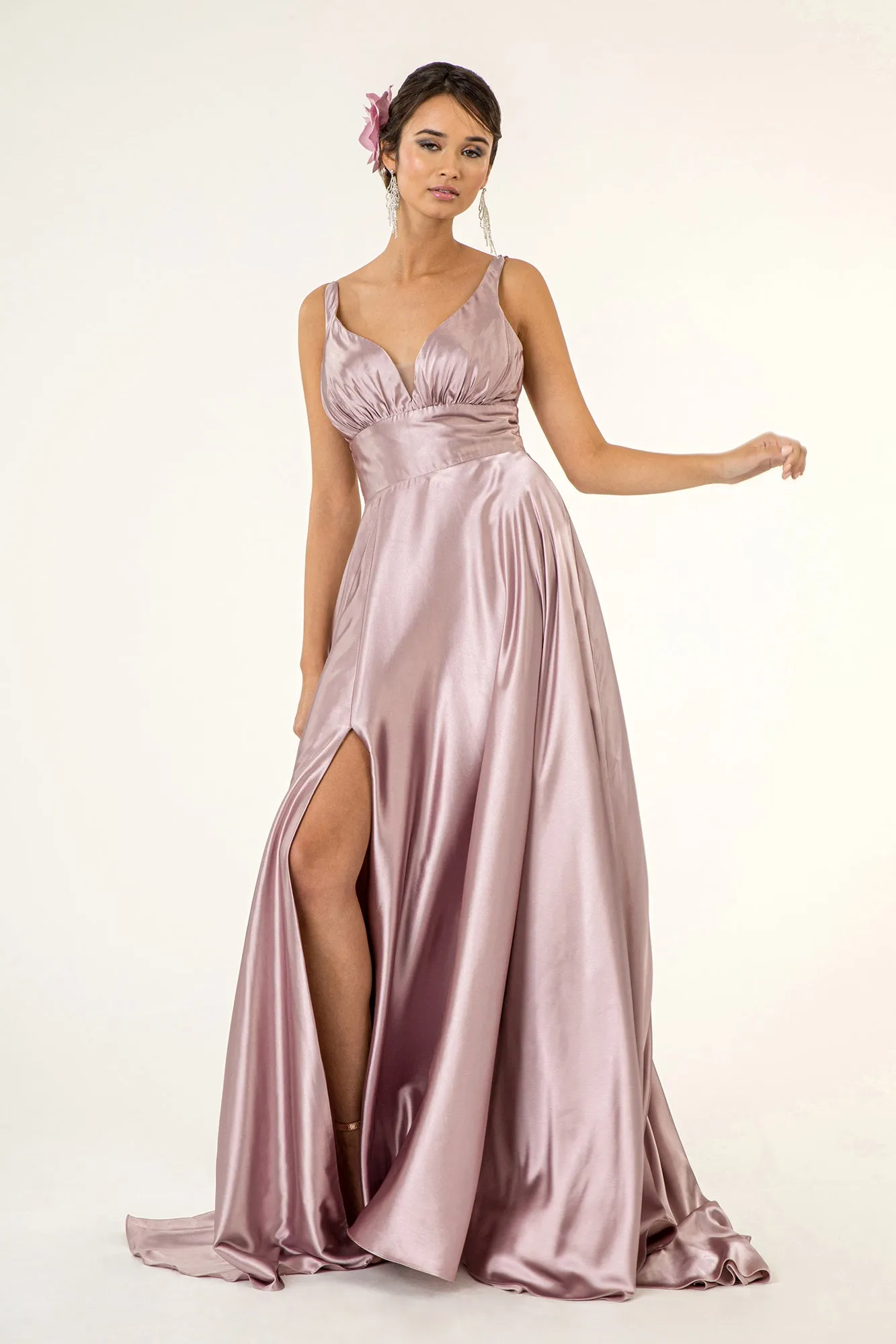 GL 2963 - Stretch Satin A-Line Prom Gown with Ruched V-Neck Bodice & Strappy Back