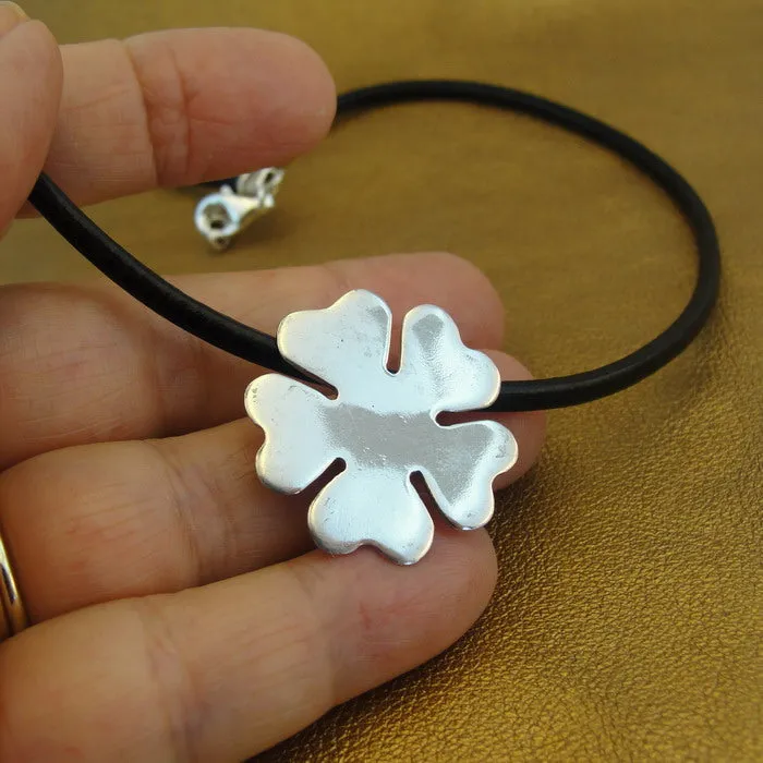 Hadar Designers black leather 925 sterling silver pendant handmade modern art (H