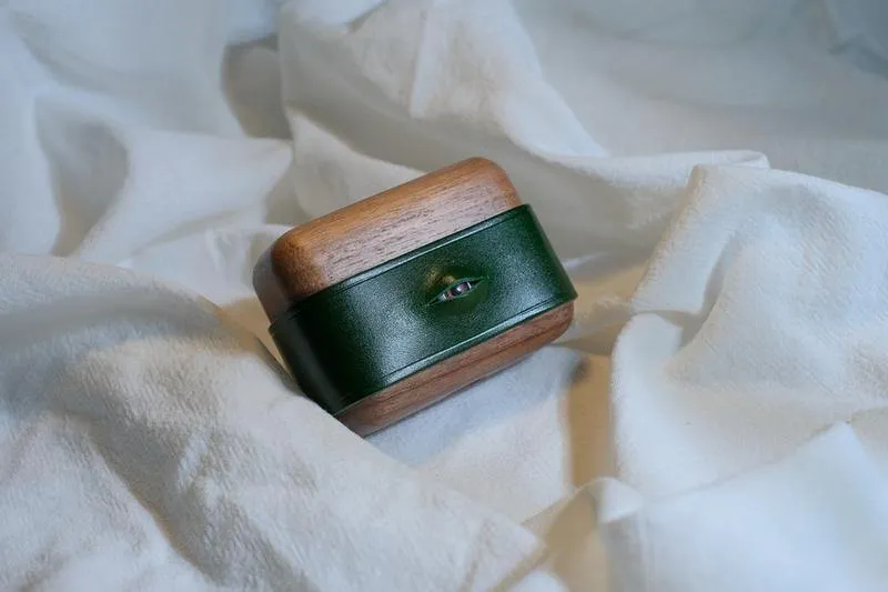 Handmade Green Leather Wood AirPods 1,2 Case with Eye Custom Leather AirPods 1,2 Case Airpod Case Cover
