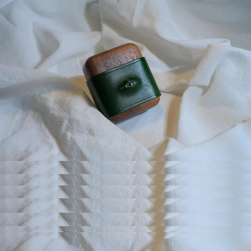 Handmade Green Leather Wood AirPods 1,2 Case with Eye Custom Leather AirPods 1,2 Case Airpod Case Cover