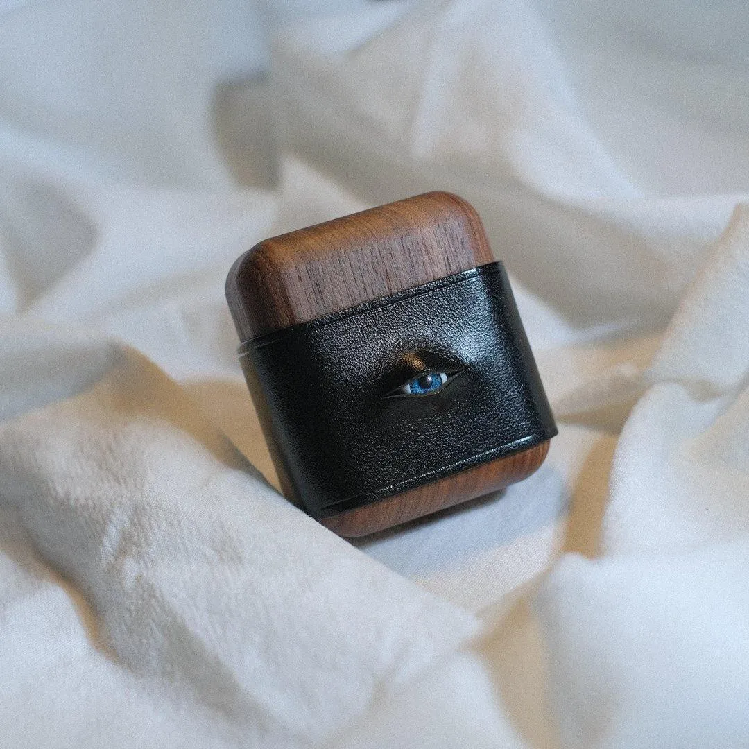 Handmade Green Leather Wood AirPods 1,2 Case with Eye Custom Leather AirPods 1,2 Case Airpod Case Cover