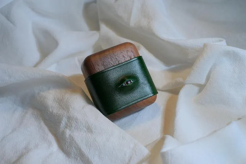 Handmade Green Leather Wood AirPods 1,2 Case with Eye Custom Leather AirPods 1,2 Case Airpod Case Cover