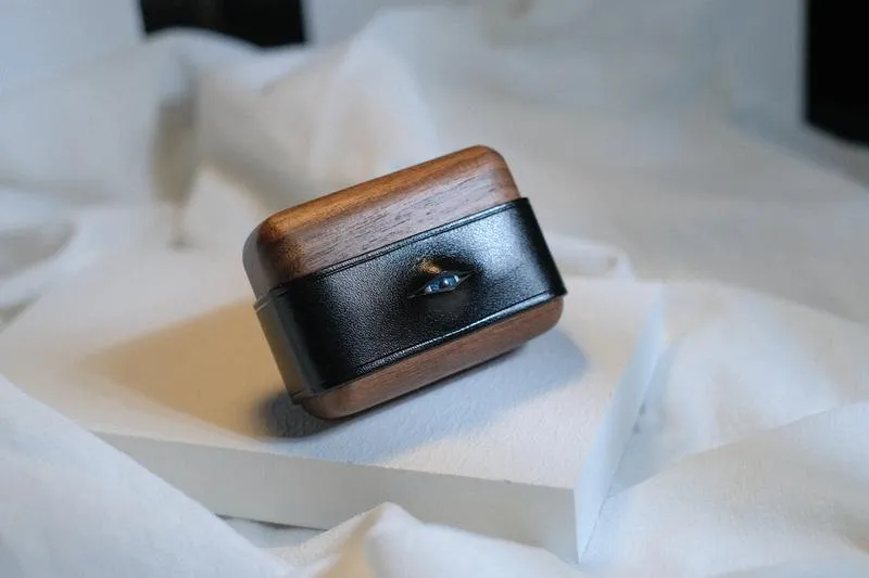 Handmade Green Leather Wood AirPods 1,2 Case with Eye Custom Leather AirPods 1,2 Case Airpod Case Cover