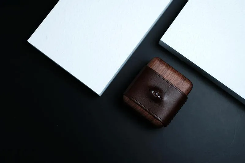 Handmade Green Leather Wood AirPods 1,2 Case with Eye Custom Leather AirPods 1,2 Case Airpod Case Cover