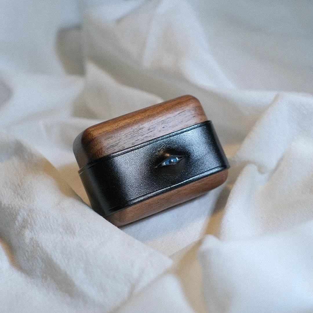 Handmade Green Leather Wood AirPods 1,2 Case with Eye Custom Leather AirPods 1,2 Case Airpod Case Cover