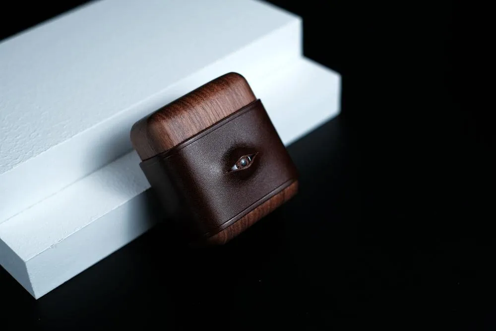 Handmade Green Leather Wood AirPods 1,2 Case with Eye Custom Leather AirPods 1,2 Case Airpod Case Cover