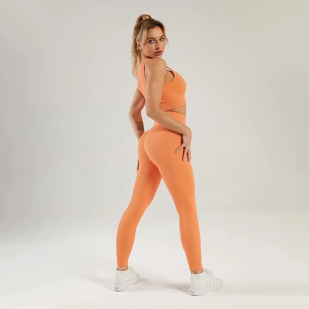 HANERDUN Women Workout Outfits 2 Piece Ribbed Seamless Crop Tank High Waist Leggings