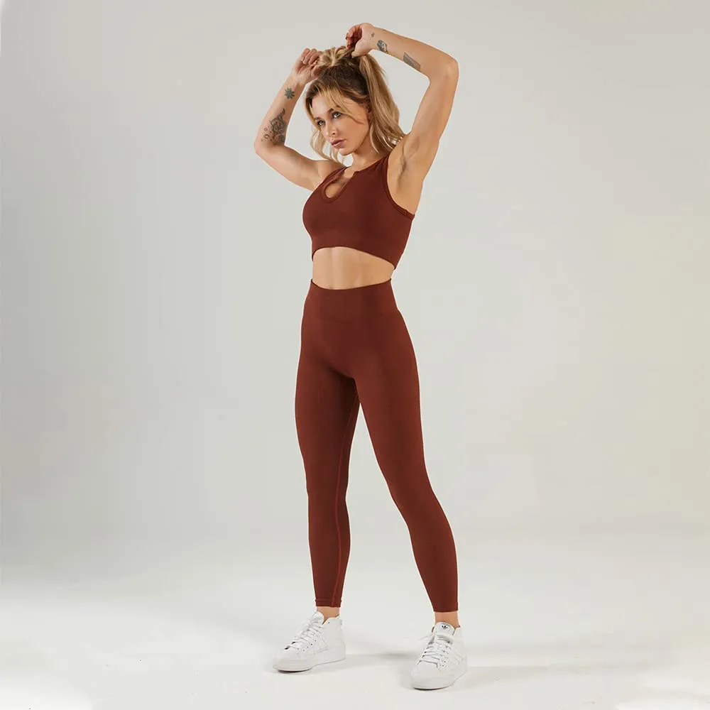 HANERDUN Women Workout Outfits 2 Piece Ribbed Seamless Crop Tank High Waist Leggings