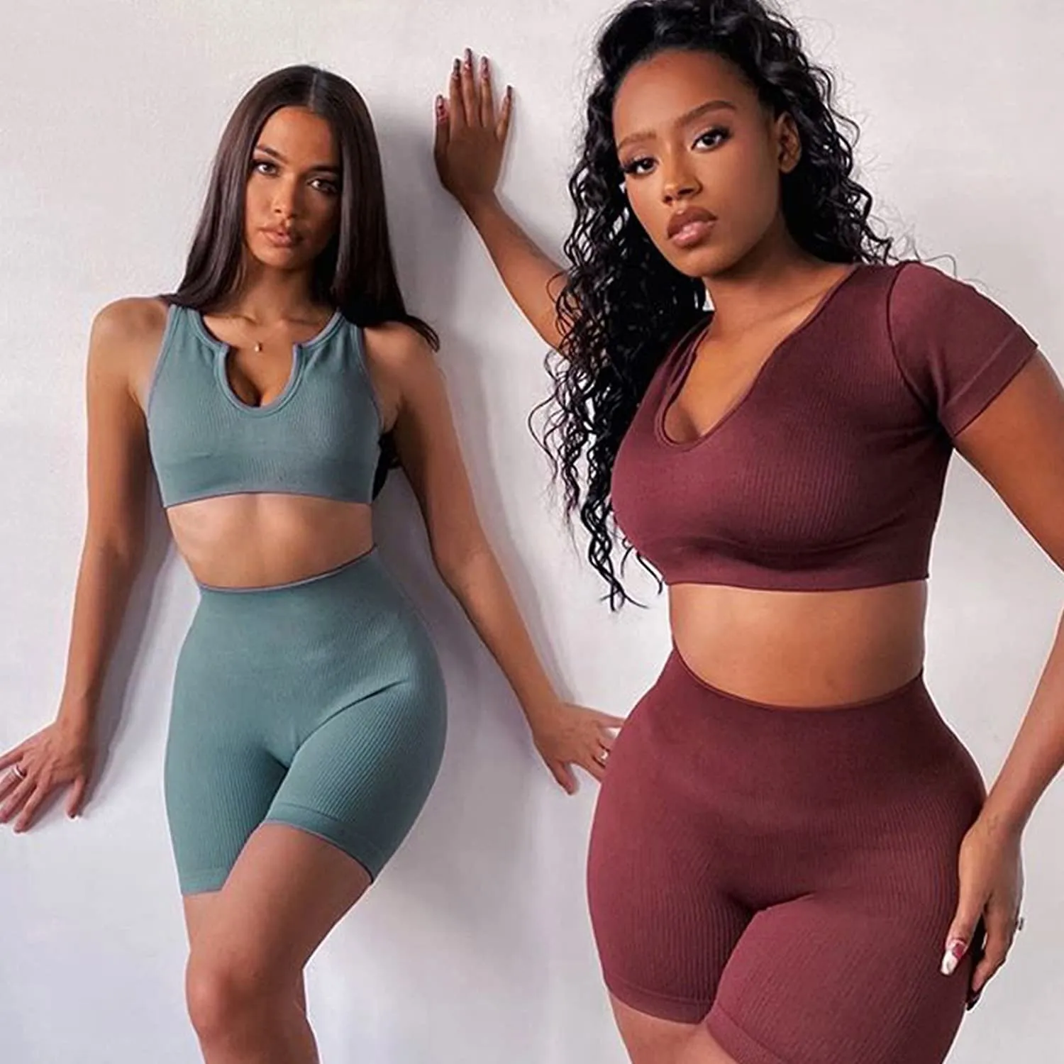 HANERDUN Women Workout Outfits 2 Piece Ribbed Seamless Crop Tank High Waist Leggings