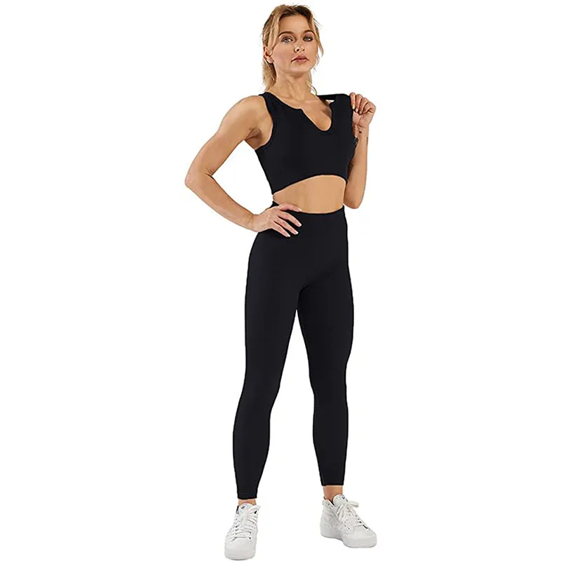 HANERDUN Women Workout Outfits 2 Piece Ribbed Seamless Crop Tank High Waist Leggings