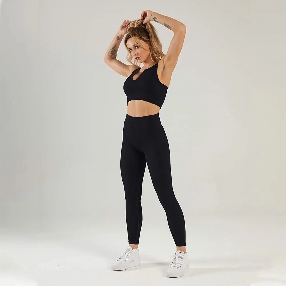 HANERDUN Women Workout Outfits 2 Piece Ribbed Seamless Crop Tank High Waist Leggings