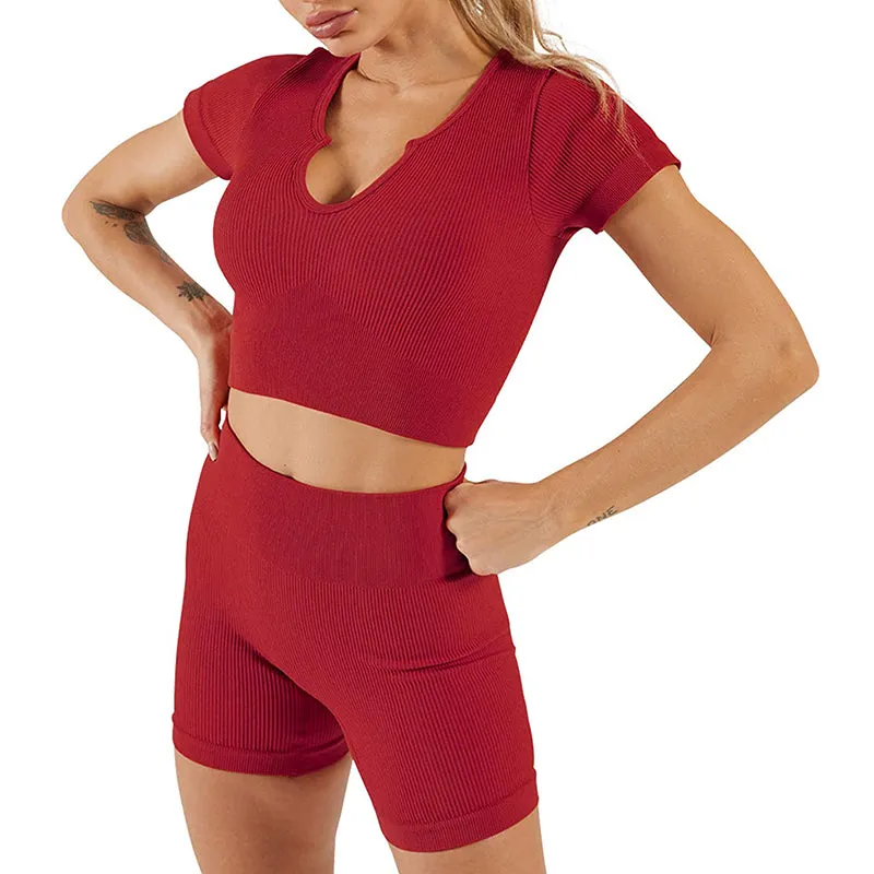 HANERDUN Women Workout Outfits 2 Piece Ribbed Seamless Crop Tank High Waist Leggings