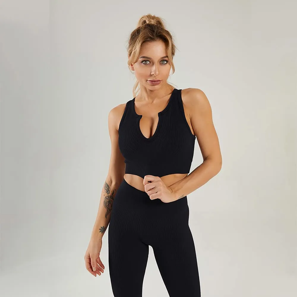HANERDUN Women Workout Outfits 2 Piece Ribbed Seamless Crop Tank High Waist Leggings