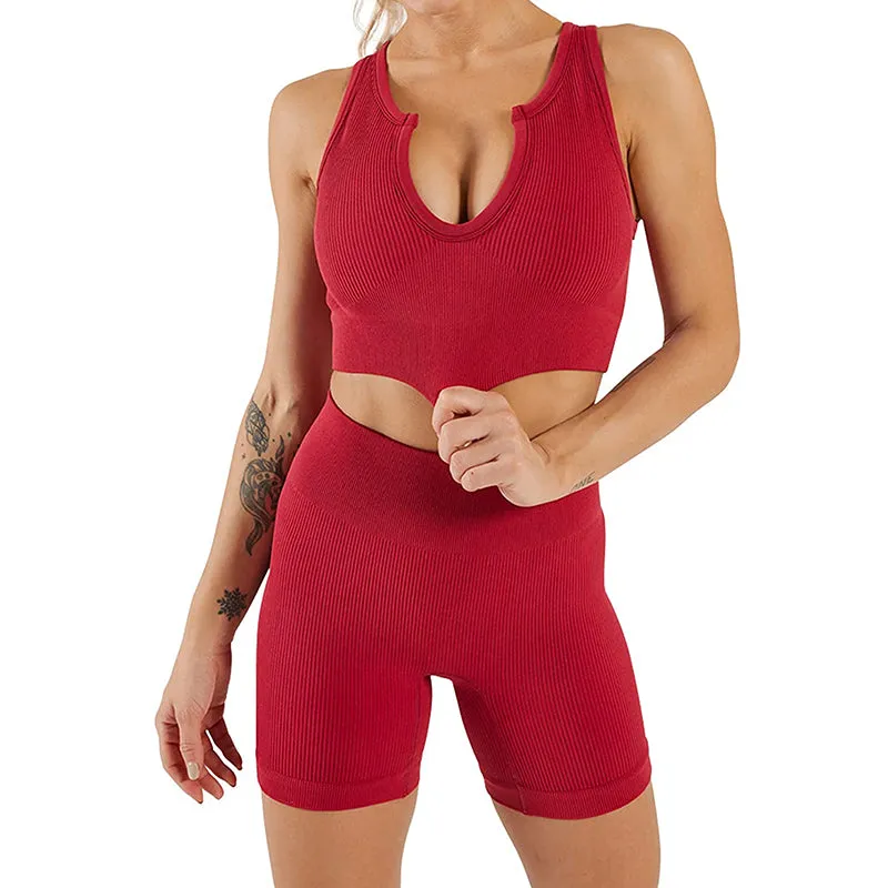 HANERDUN Women Workout Outfits 2 Piece Ribbed Seamless Crop Tank High Waist Leggings