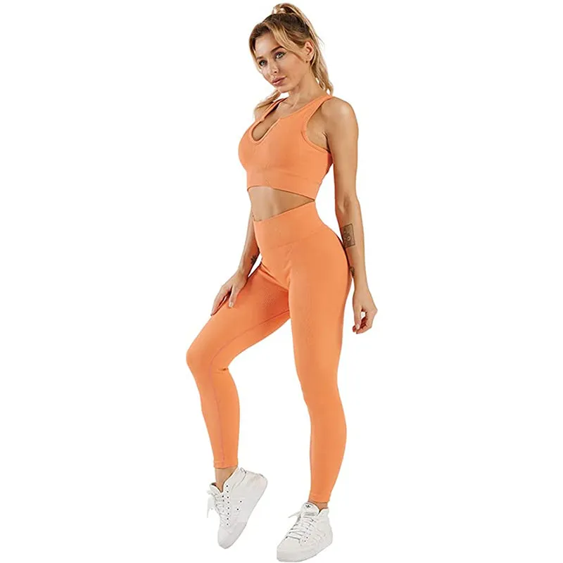 HANERDUN Women Workout Outfits 2 Piece Ribbed Seamless Crop Tank High Waist Leggings