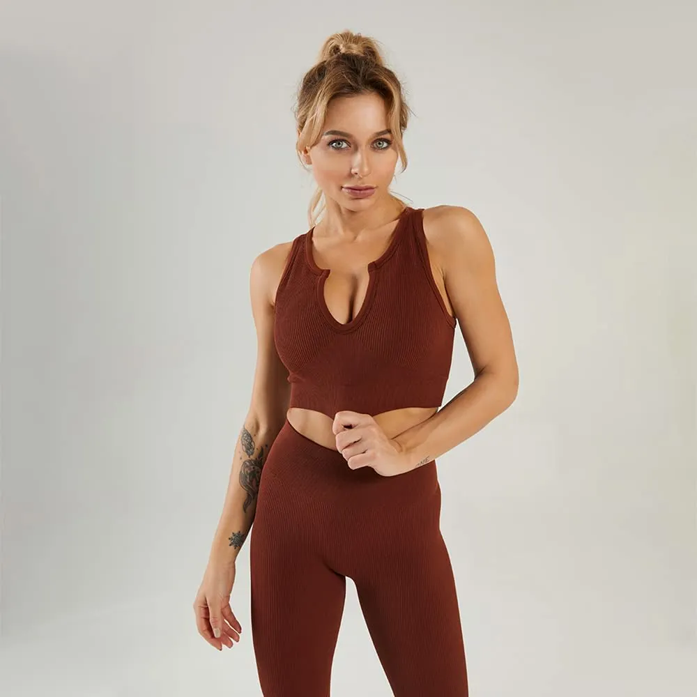HANERDUN Women Workout Outfits 2 Piece Ribbed Seamless Crop Tank High Waist Leggings