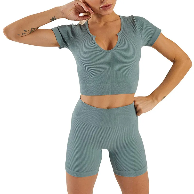 HANERDUN Women Workout Outfits 2 Piece Ribbed Seamless Crop Tank High Waist Leggings