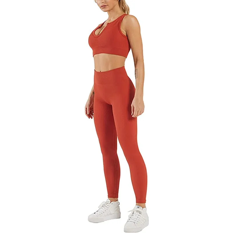 HANERDUN Women Workout Outfits 2 Piece Ribbed Seamless Crop Tank High Waist Leggings