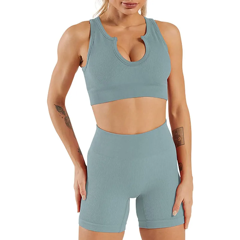 HANERDUN Women Workout Outfits 2 Piece Ribbed Seamless Crop Tank High Waist Leggings