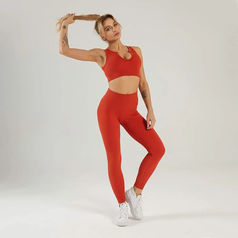HANERDUN Women Workout Outfits 2 Piece Ribbed Seamless Crop Tank High Waist Leggings