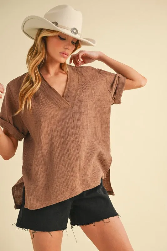 Hazel Blues® |  Aemi   Co Side Slit V-Neck Short Sleeve Blouse