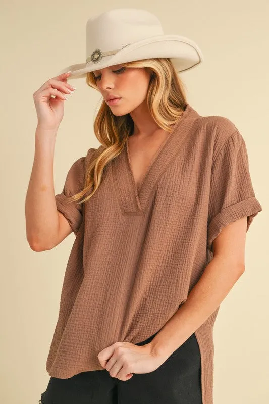 Hazel Blues® |  Aemi   Co Side Slit V-Neck Short Sleeve Blouse