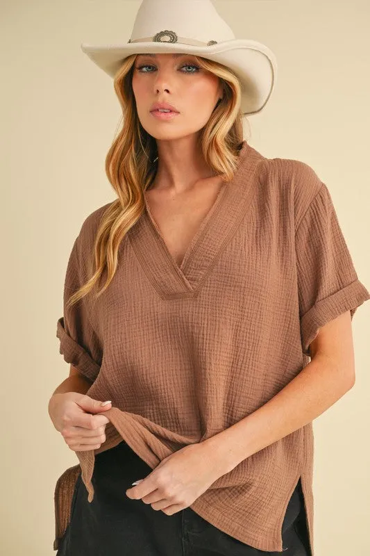 Hazel Blues® |  Aemi   Co Side Slit V-Neck Short Sleeve Blouse
