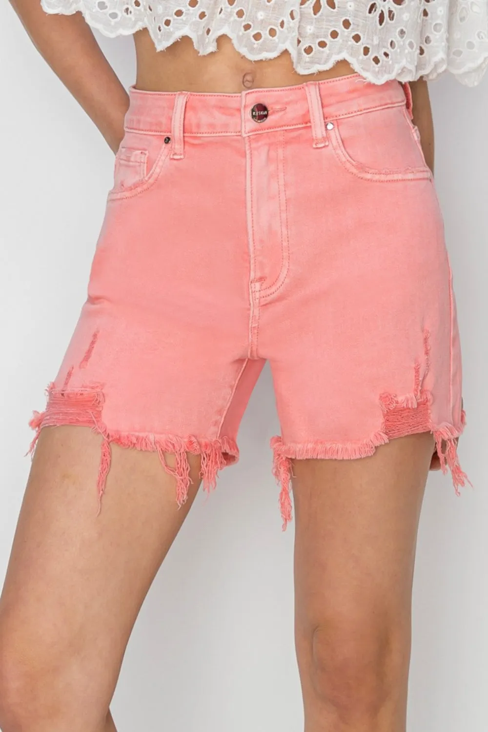 Hazel Blues® |  RISEN High Rise Distressed Denim Shorts