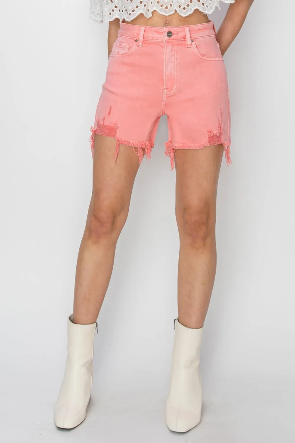 Hazel Blues® |  RISEN High Rise Distressed Denim Shorts