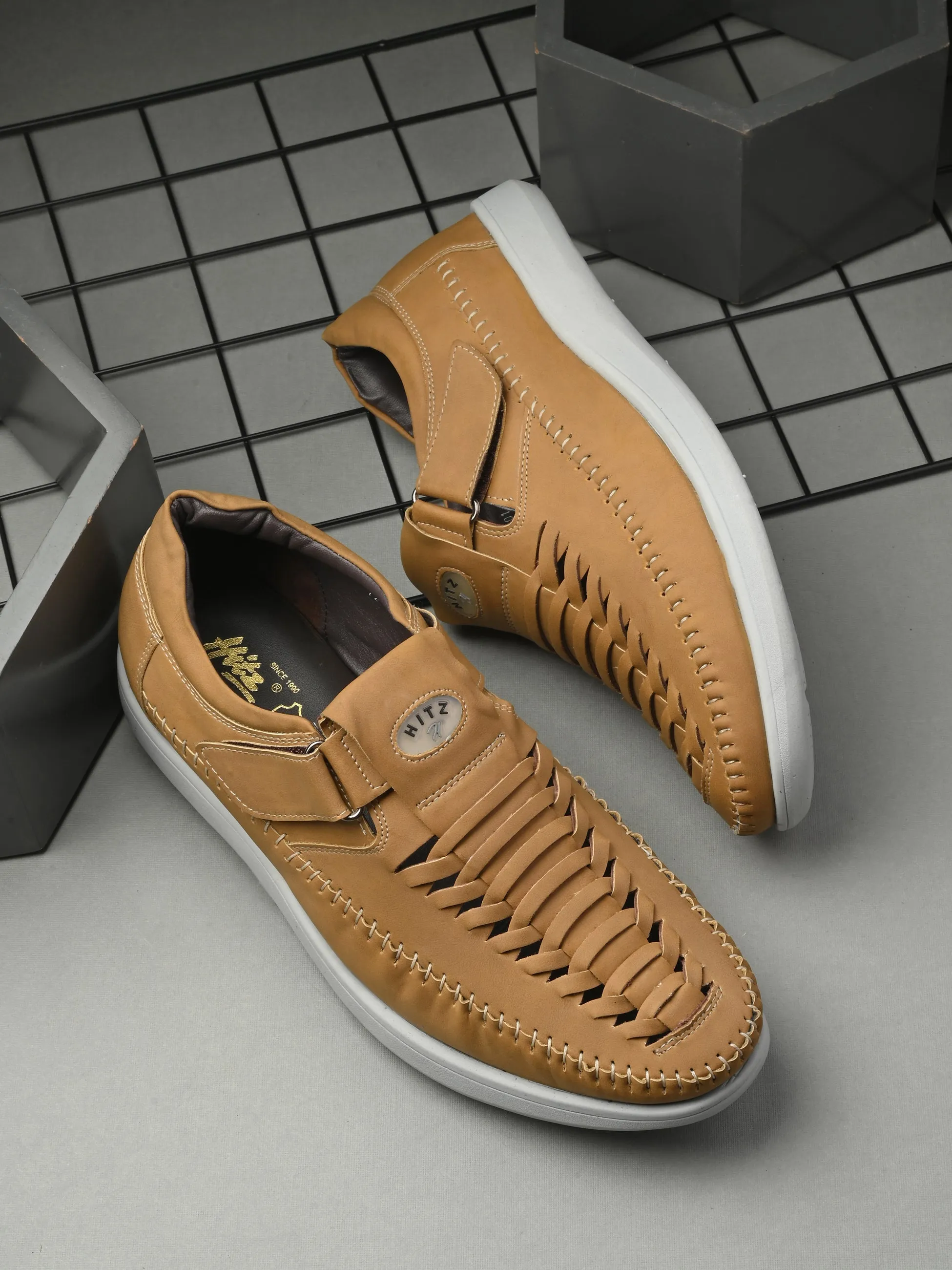 Hitz Men's Tan Synthetic Shoe Style Sandals with Velcro Closure