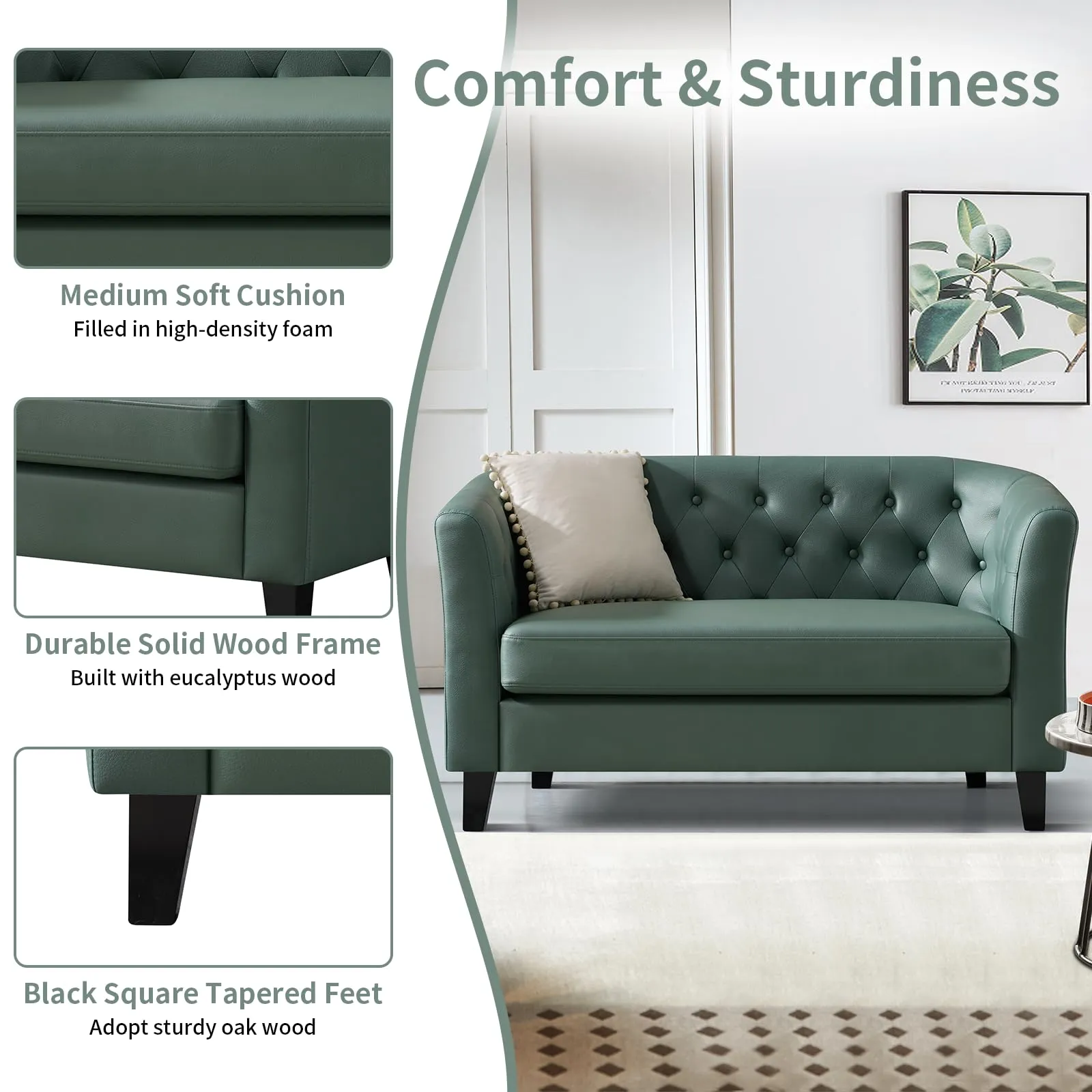 Husbedom 50 Inches Leather Loveseat Sofa with Button Tufted Décor for Bedroom, Living Room - Grey Green