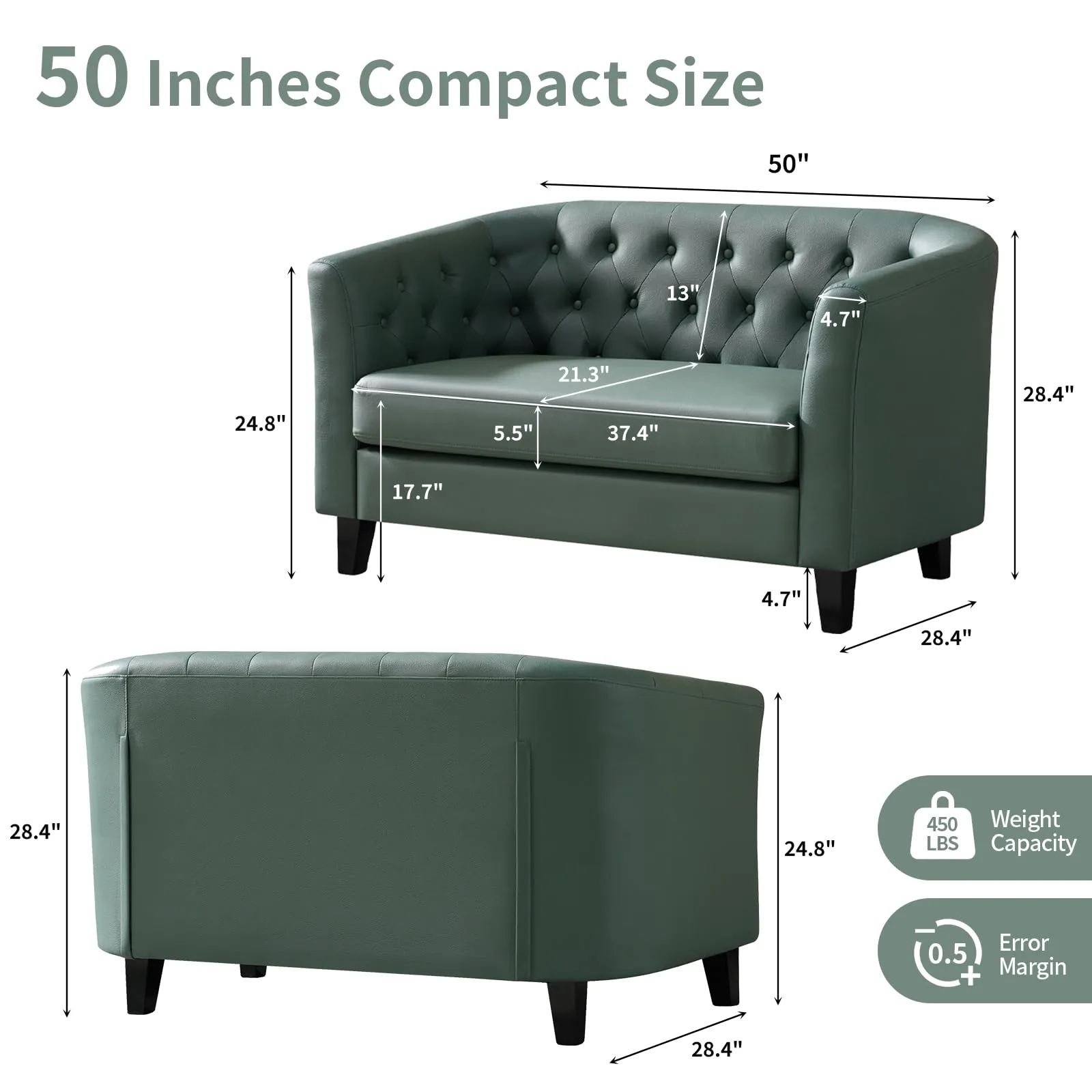 Husbedom 50 Inches Leather Loveseat Sofa with Button Tufted Décor for Bedroom, Living Room - Grey Green