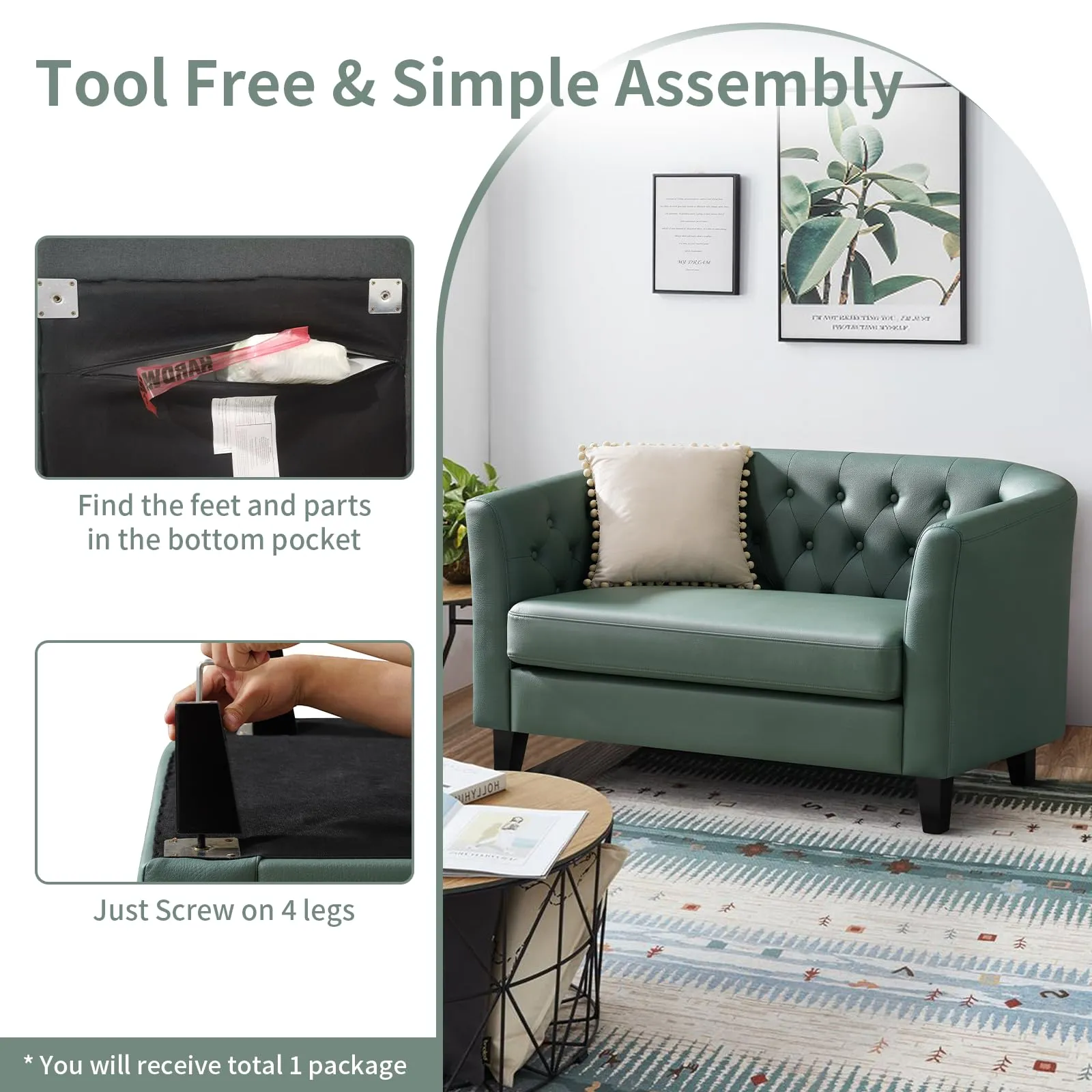 Husbedom 50 Inches Leather Loveseat Sofa with Button Tufted Décor for Bedroom, Living Room - Grey Green
