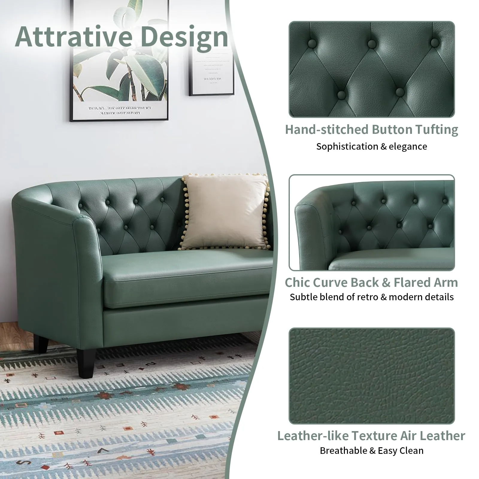 Husbedom 50 Inches Leather Loveseat Sofa with Button Tufted Décor for Bedroom, Living Room - Grey Green