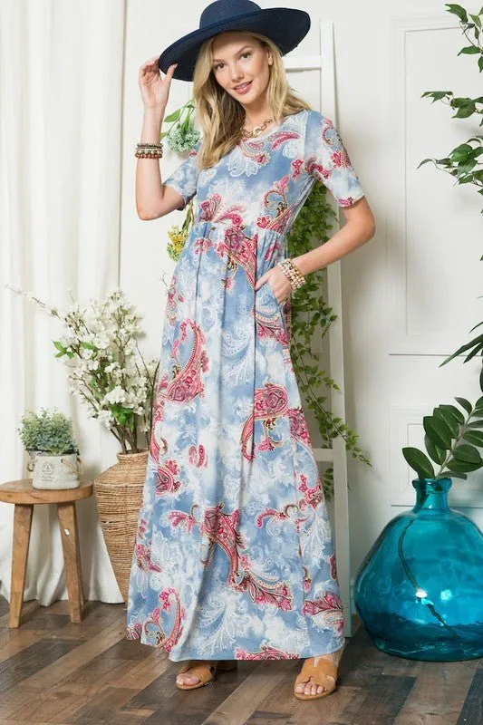 Instant Style: Paisley Print Short Sleeve Maxi Dress with Pockets, Celeste Plus