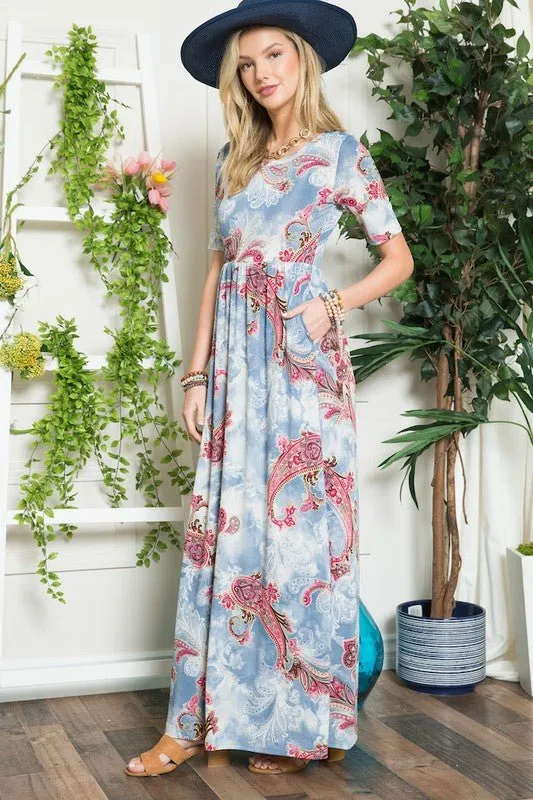 Instant Style: Paisley Print Short Sleeve Maxi Dress with Pockets, Celeste Plus
