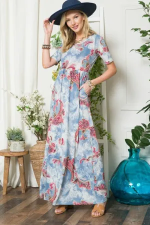 Instant Style: Paisley Print Short Sleeve Maxi Dress with Pockets, Celeste Plus