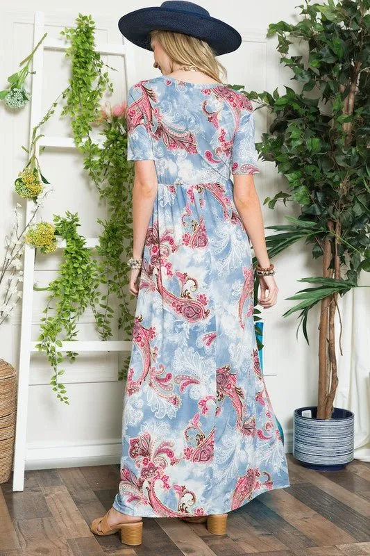 Instant Style: Paisley Print Short Sleeve Maxi Dress with Pockets, Celeste Plus