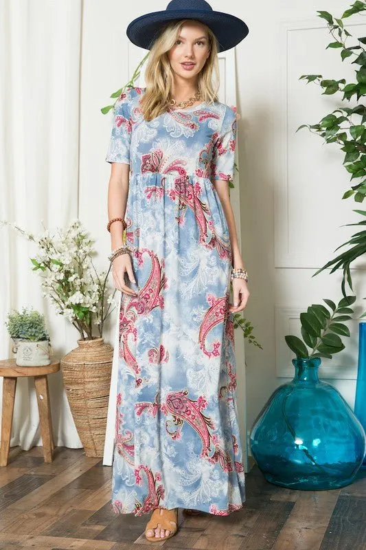 Instant Style: Paisley Print Short Sleeve Maxi Dress with Pockets, Celeste Plus