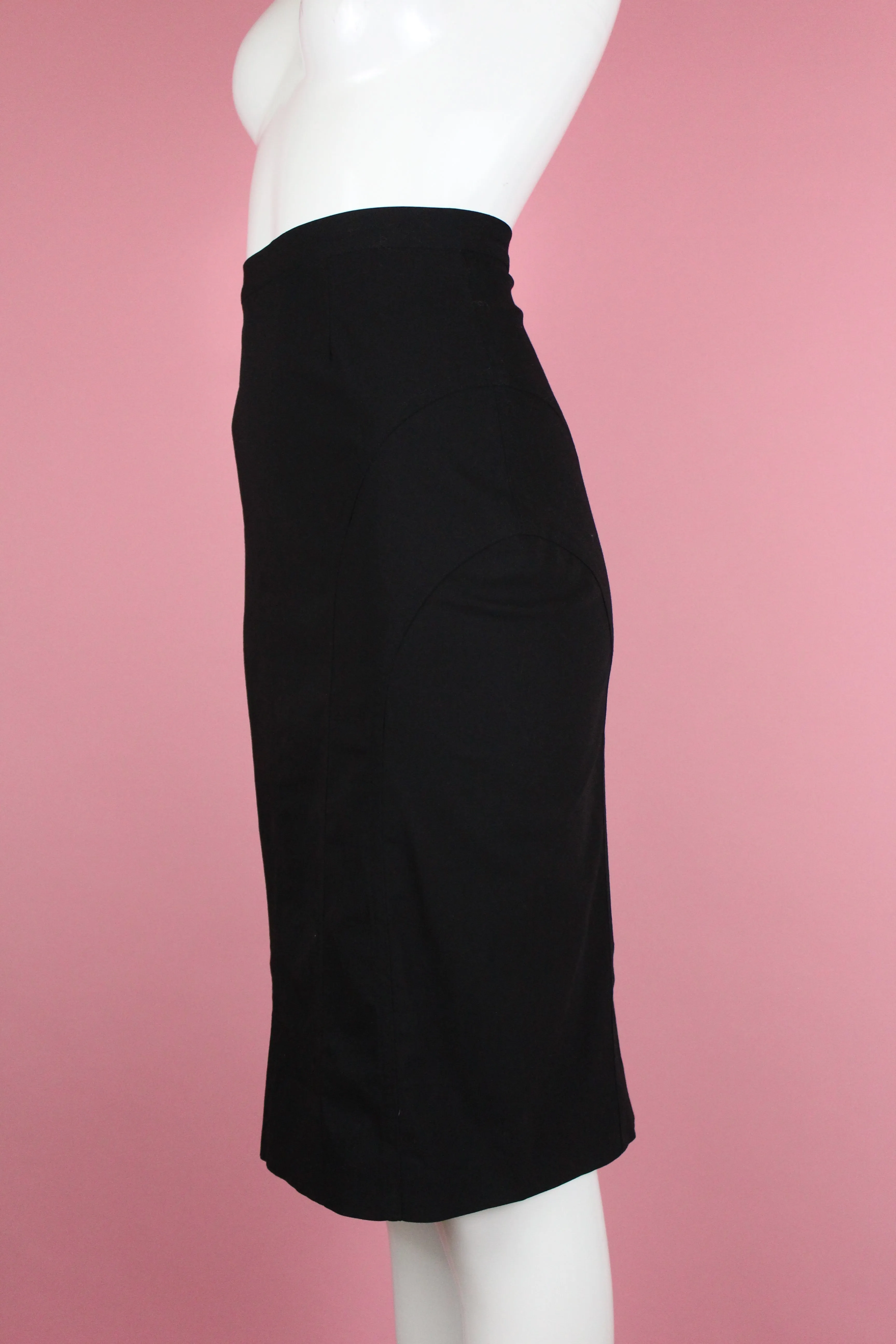 Jean Paul Gaultier Black Wool Stretch Pencil Skirt, c. 90's, 25 W