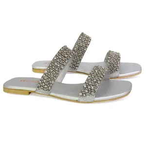 Justina Sparkly Embellished Square Toe Double Strappy Flat Diamante Sandals in Silver