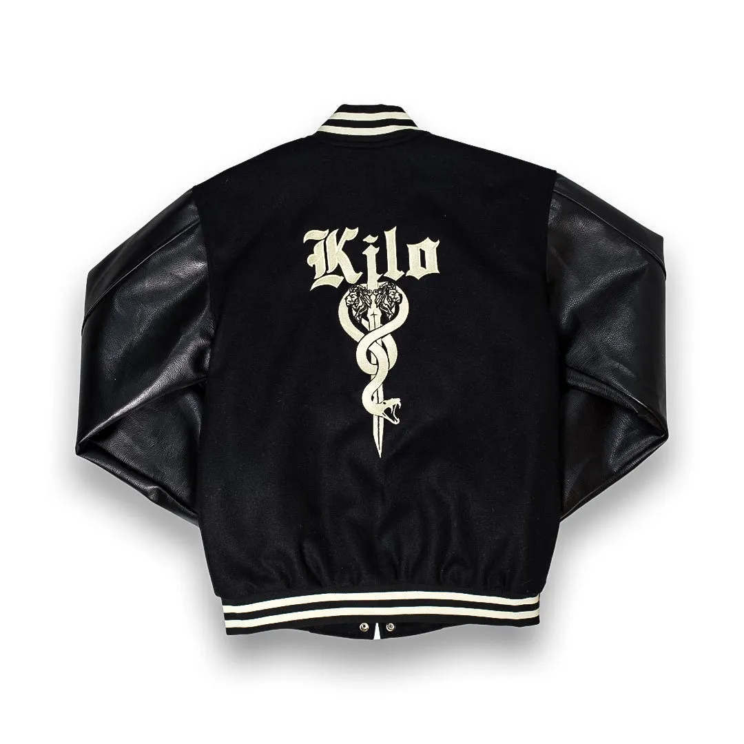 Kilo Varsity Jacket Genuine Leather Sleeves(Black)