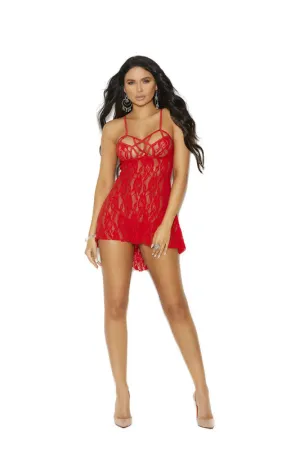 Lace Halter Neck Babydoll With Strappy Detail and Matching G-String - One Size - Red