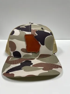Leather head hat co state of Georgia genuine leather sewn on a Camo mesh trucker SnapBack hat cap