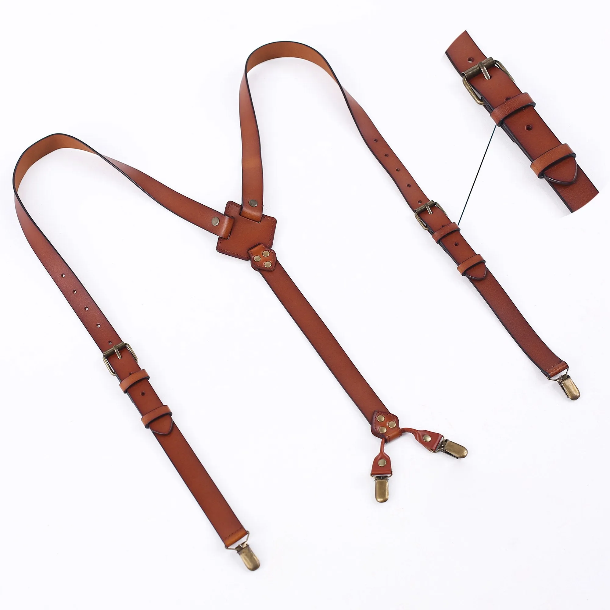 Leather Suspenders For Men Adjustable Brown Genuine Leather Suspenders Groomsmen Gifts for Wedding