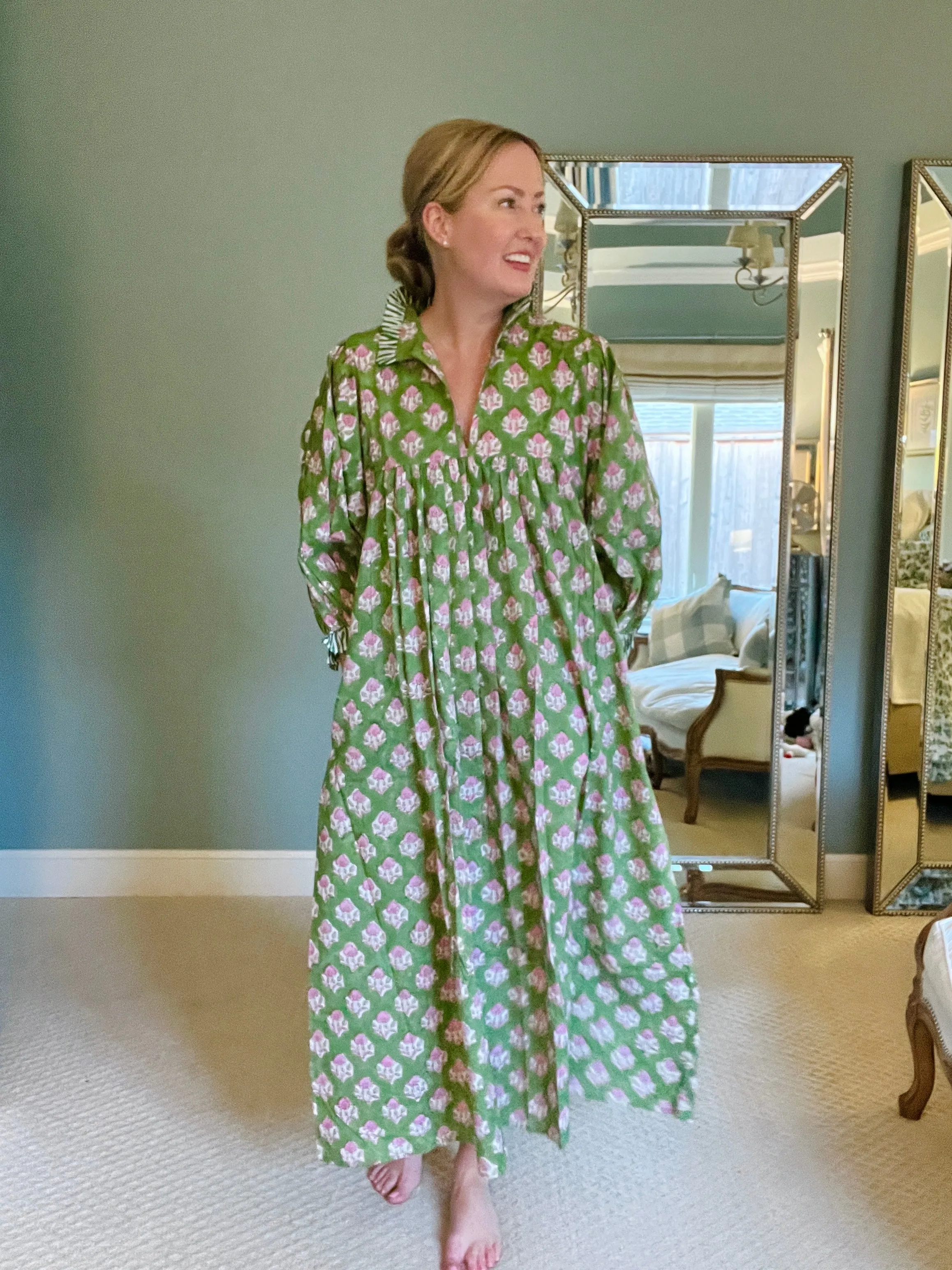 Lillie caftan maxi dress green block print