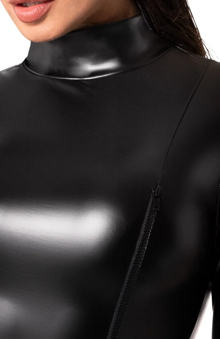 Long-sleeve wet look bodysuit with bust zip - Obscene Fantasy